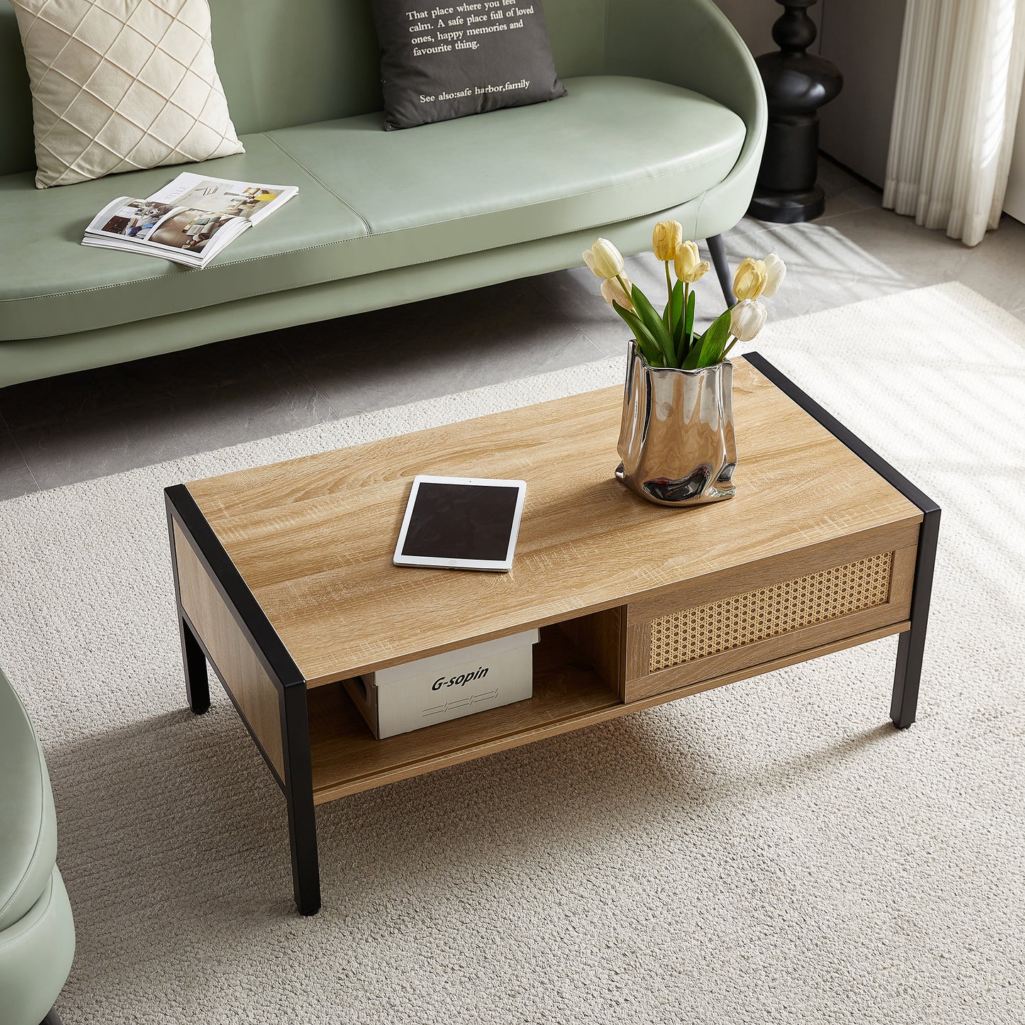 SESSLIFE 40” Modern Rattan Coffee Table with Sliding Door Storage, Natural Woven Side Table, Metal Legs for Living Room, Easy Assembly, Natural