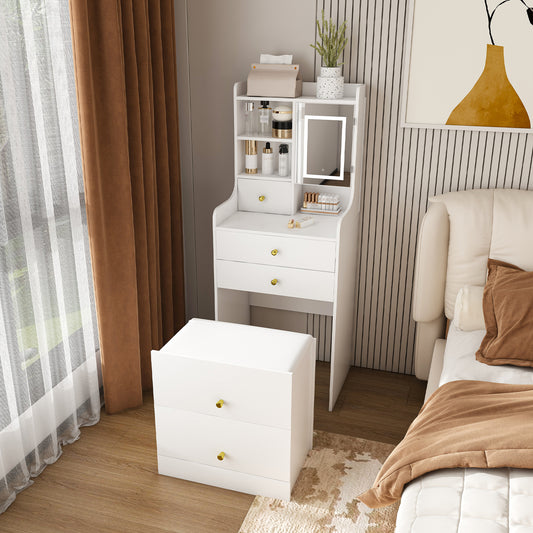 SESSLIFE Vanity Table with Mirror and Stool, Compact Dressing Table Organizer with 4 Drawers, 3-Color LED, Hidden Storage, for Bedroom, Ideal Gift for Women, White