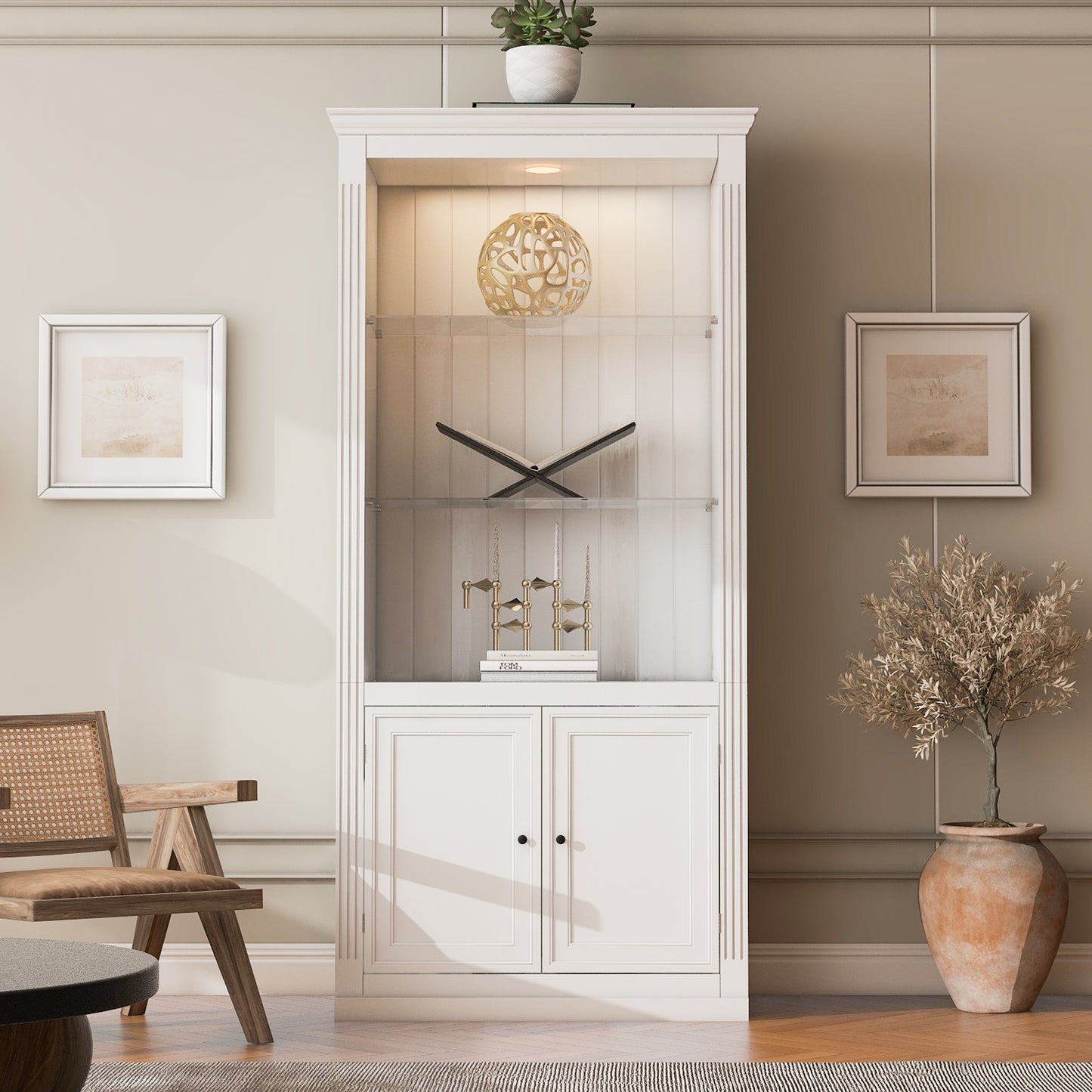SESSLIFE Tall Display Cabinet with LED Ceiling Light, Farmhouse Glass Door Bookcase with Adjustable Shelves, Freestanding Curio Storage Cabinet for Living Room, Home Office