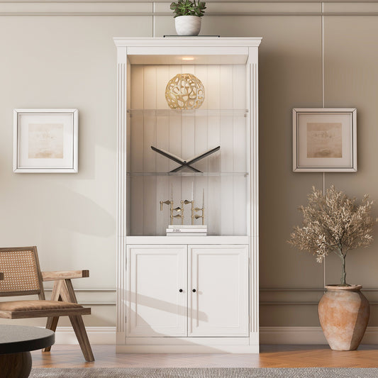 SESSLIFE Tall Display Cabinet with LED Ceiling Light, Farmhouse Glass Door Bookcase with Adjustable Shelves, Freestanding Curio Storage Cabinet for Living Room, Home Office