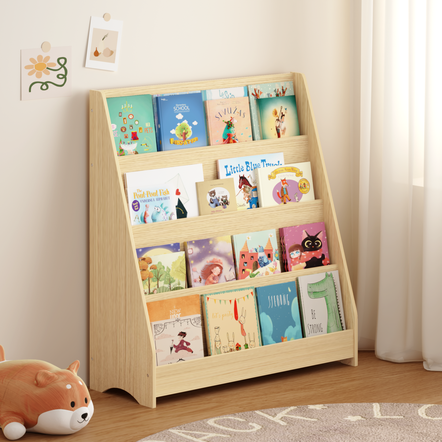 4-Tier Book Display Bookshelf, Open Front Book Storage Organizer for Bedroom Playroom Nursery Classroom, Natural