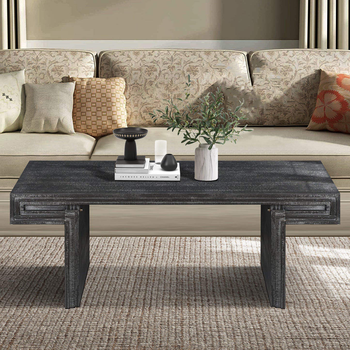 SESSLIFE Large Rectangular Coffee Table for Living Room, Industrial Vintage Aesthetic with Dual Shelves, Farmhouse Rustic Style and Sturdy Wood Construction, Antique Black