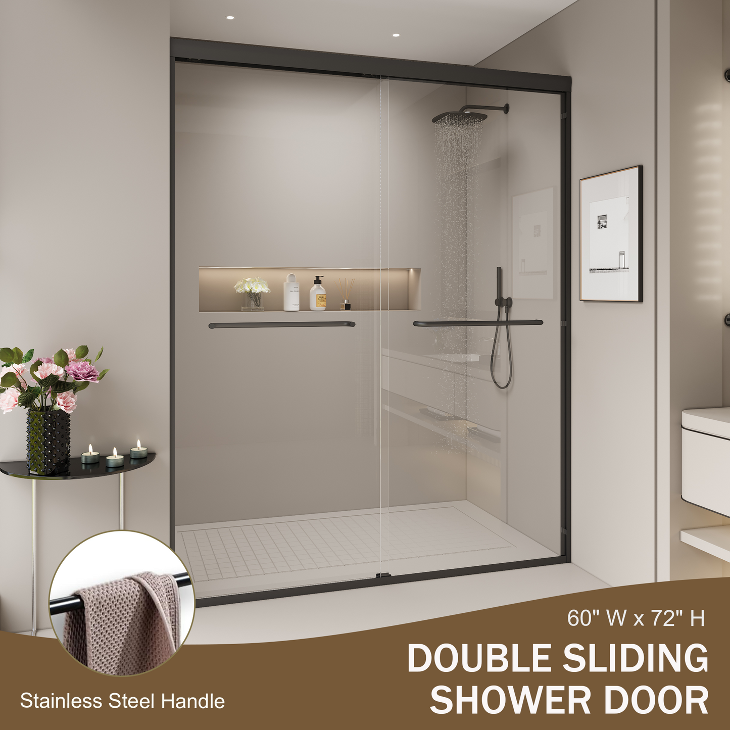 SESSLIFE 56-60" Modern Adjustable Shower Door, Semi-Frameless Matte Black, 1/4 Inch Tempered Glass with Bilateral Installation, Anti-Leak Seal for Walk-in Shower/Bathtub, 72" H