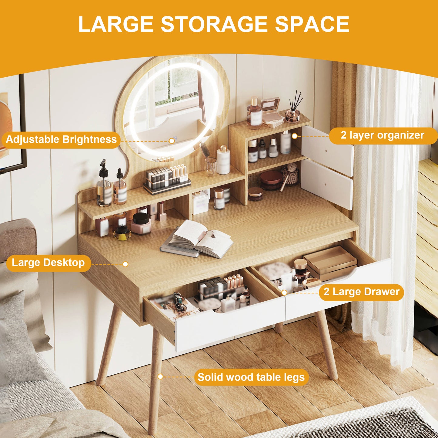 SESSLIFE Makeup Vanity Desk with Mirror and Lights, Lighted Vanity Table with 4 Drawers and 3 Shelves, Small Vanity Desk with Storage for Bedroom, Adjustable LED Mirror, White Oak