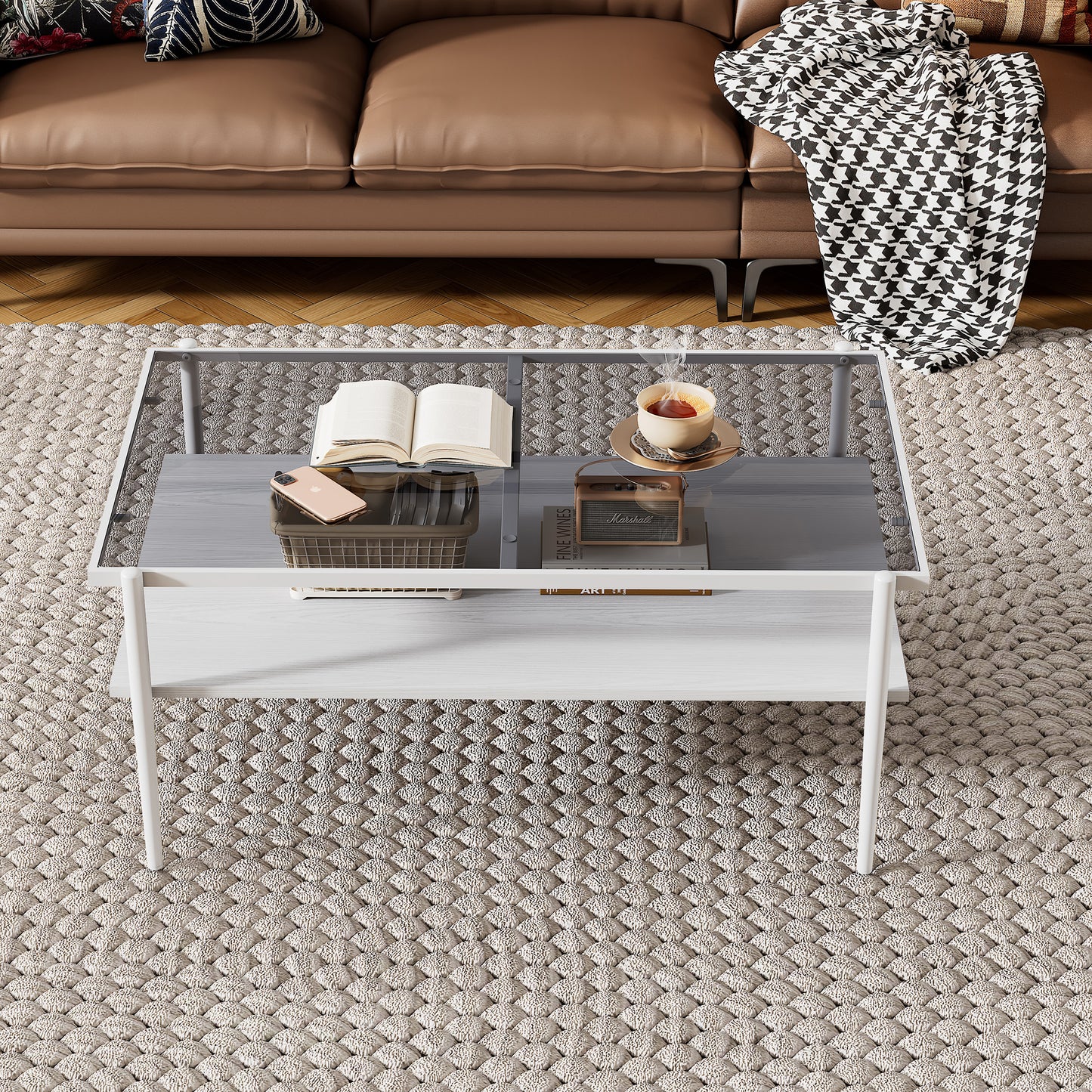 SESSLIFE Modern Rectangle Coffee Table with Glass Table Top, Easy to Clean Tempered Surface Ideal for Small Space, Stylish Yet Functional Living Room Accent, White