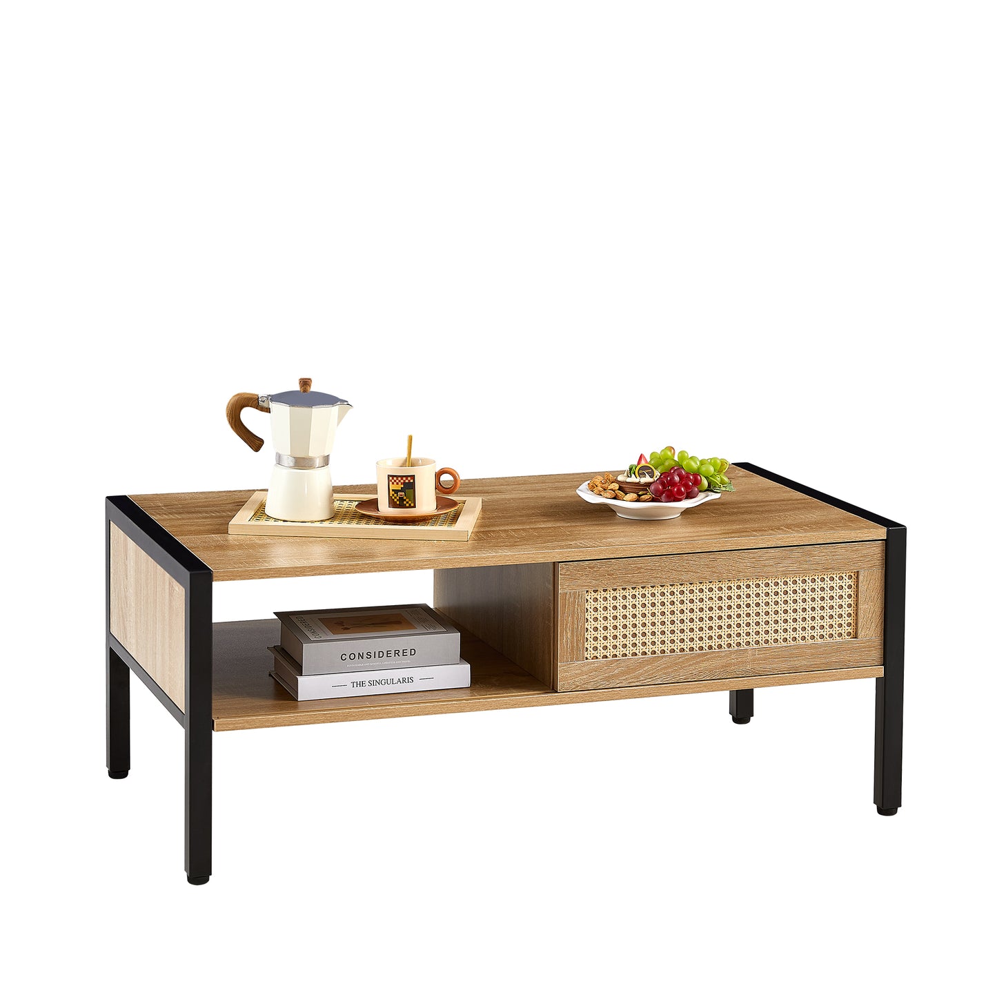SESSLIFE 40” Modern Rattan Coffee Table with Sliding Door Storage, Natural Woven Side Table, Metal Legs for Living Room, Easy Assembly, Natural