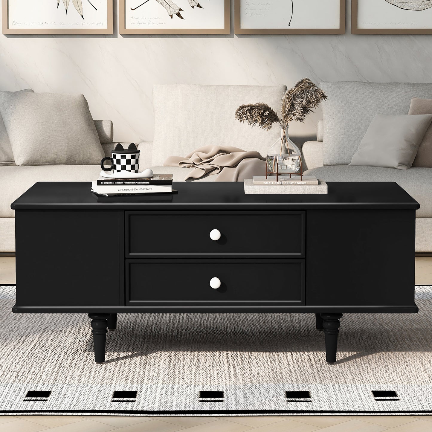 SESSLIFE Modern Coffee Table with 4 Drawers and Hidden Storage, Sturdy MDF Top with Solid Wood Legs, 47.2 Inch Large Rectangle Living Room Table in Black