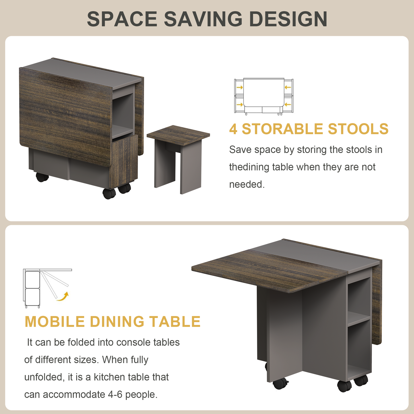 SESSLIFE Folding Extendable Dining Table Set with 4 Chairs, 55'' Drop Leaf Kitchen Dining Set with Storage and Lockable Wheels for Small Space Saving, Brown