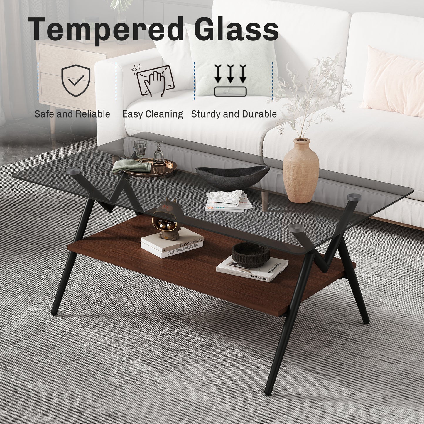 SESSLIFE Modern Coffee Table for Living Room with Tempered Glass Top, Rectangle Side Table with Brown Storage Shelf, Sturdy Metal Legs, Gray Glass Design, Easy Assembly, 38.6"