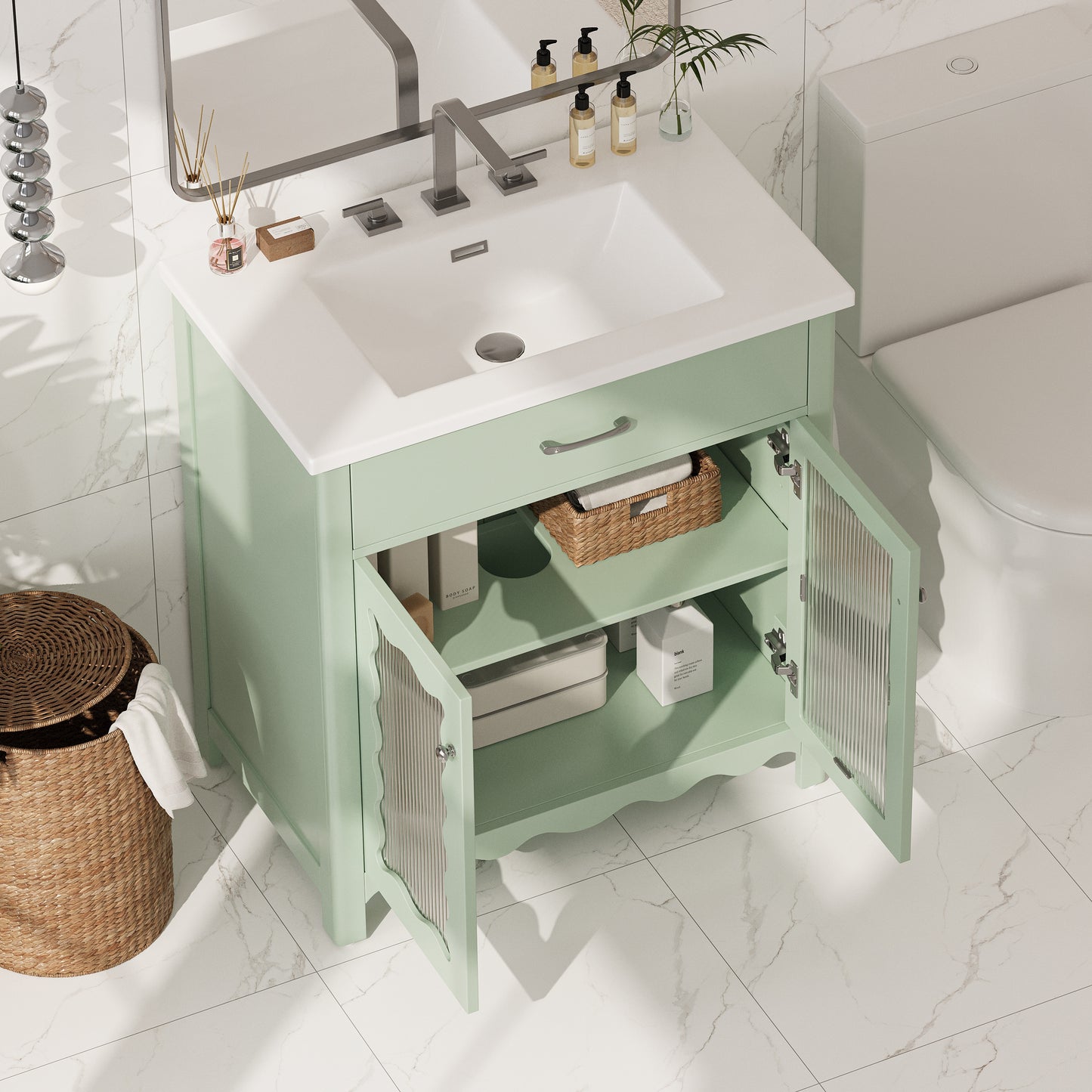 SESSLIFE 30 Inch Bathroom Vanity with Sink, Green Bathroom Cabinet with Vertical Striped Tempered Glass Doors, Soft Close Doors, Rubber Wood Legs, Single Sink Vanity