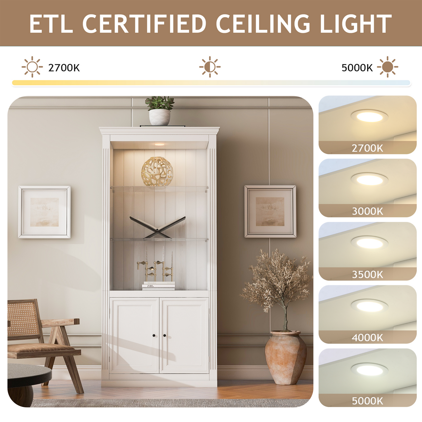 SESSLIFE Tall Display Cabinet with LED Ceiling Light, Farmhouse Glass Door Bookcase with Adjustable Shelves, Freestanding Curio Storage Cabinet for Living Room, Home Office