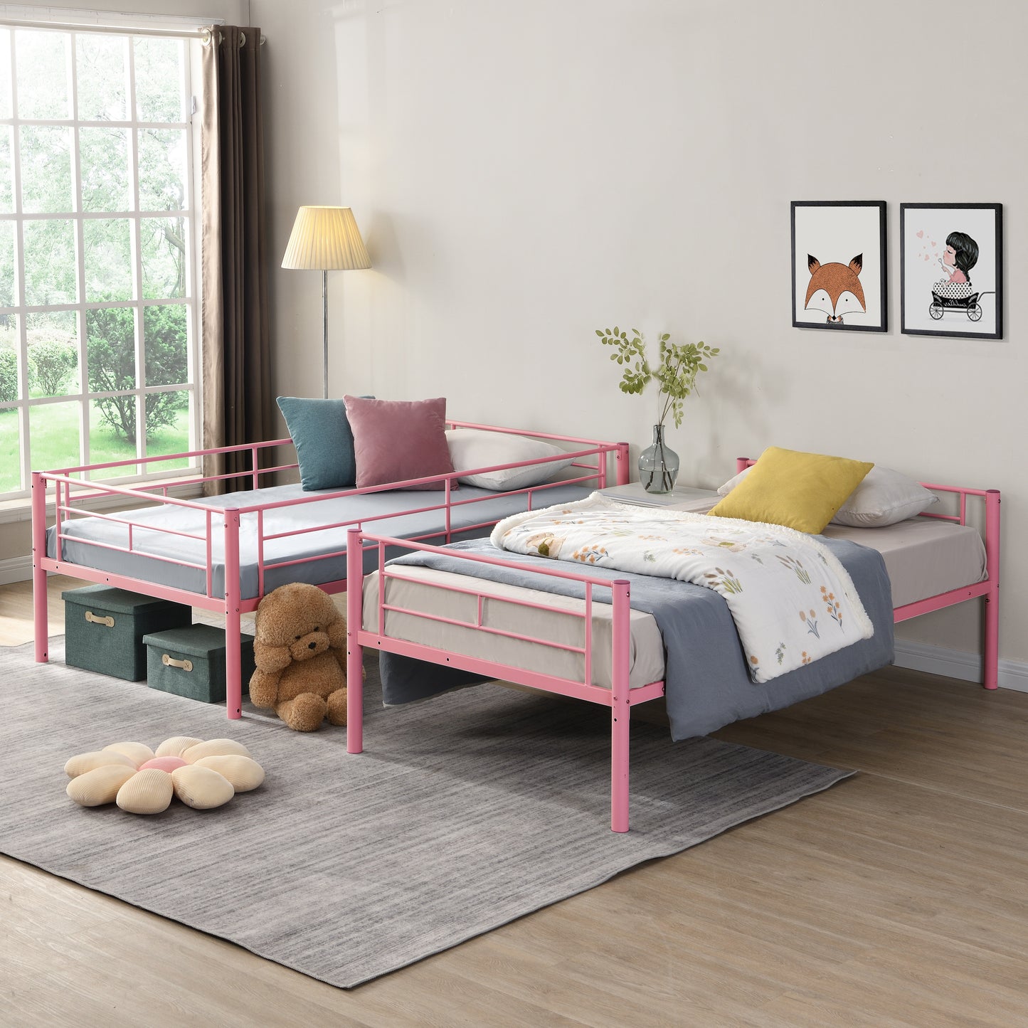 PARPOOS Metal Twin Over Twin Bunk Bed with 2 Ladders, Twin Bunk Beds fo Teens with Full Length Guardrails, Convertible Bunk Bed Can Be Divided Into 2 Twin Beds, No Box Spring Needed, Pink