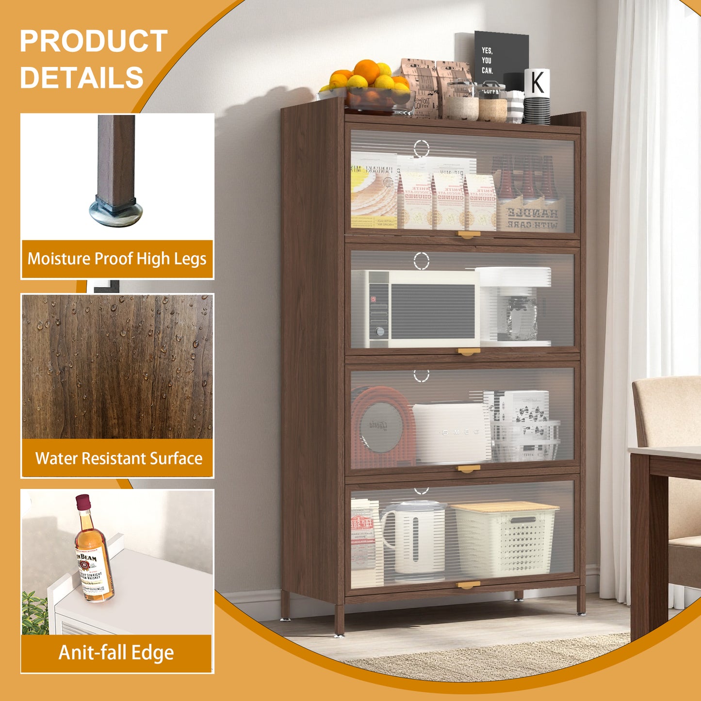 SESSLIFE Metal Storage Cabinet with Doors and Shelves, 57" Steel Utility Cabinet for Kitchen, Bathroom Storage Cabinet for Small Spaces, Narrow Freestanding Cabinet, Walnut