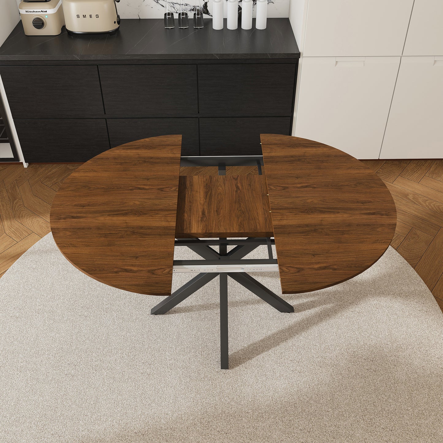 SESSLIFE 58" Extendable Round Dining Table for 6 People, Retractable Expandable Kitchen Table with Iron Base, Modern and Simple Solid Wood Veneer Dining Room Table for Small Space, Walnut