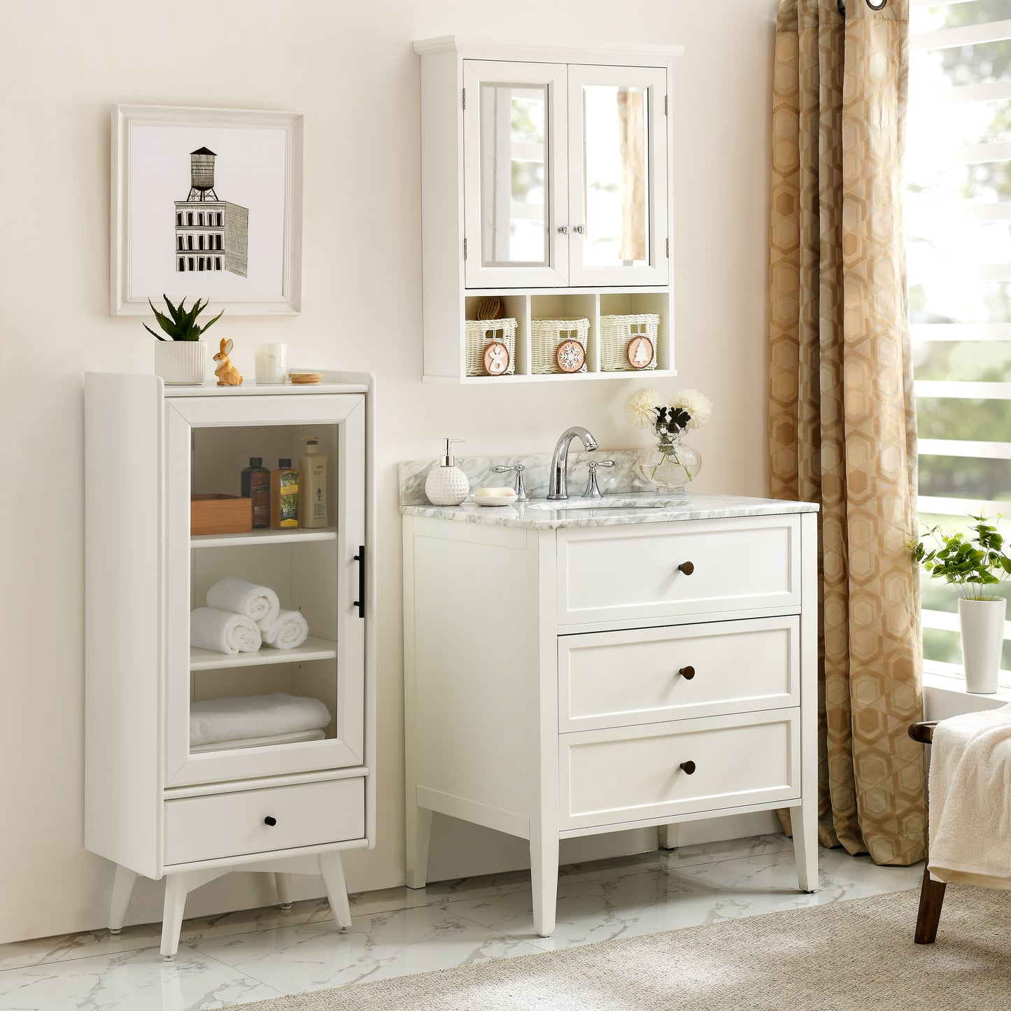 SESSLIFE Bathroom Storage Cabinet with Mirror, Tall Cabinet with Doors and Adjustable Shelves, Wall Mounted Medicine Cabinet with 3 Christmas Baskets, White
