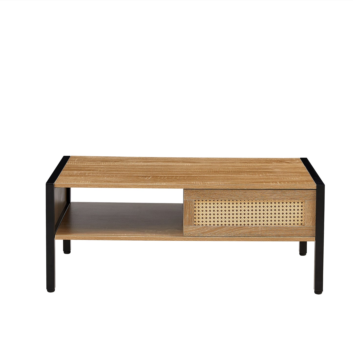 SESSLIFE 40” Modern Rattan Coffee Table with Sliding Door Storage, Natural Woven Side Table, Metal Legs for Living Room, Easy Assembly, Natural