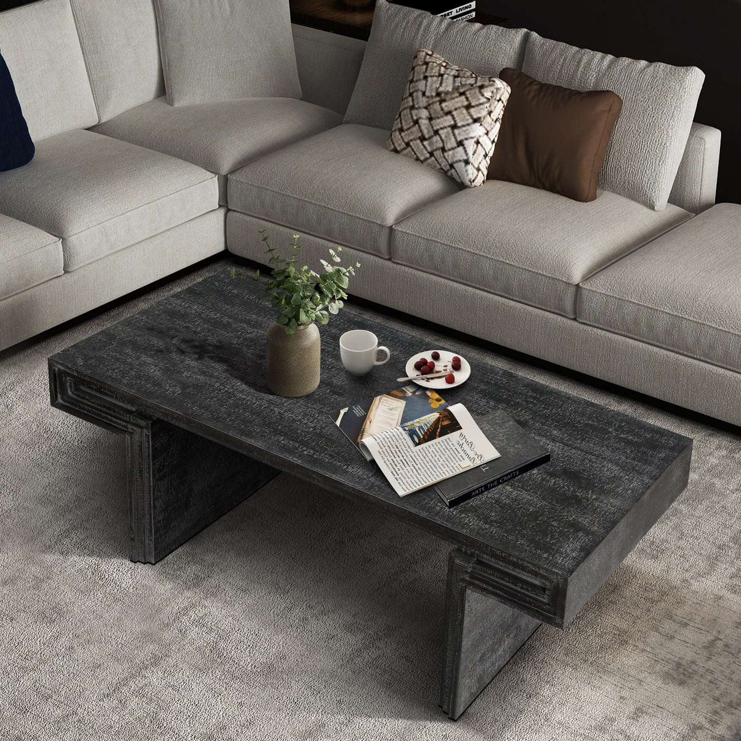 SESSLIFE Large Rectangular Coffee Table for Living Room, Industrial Vintage Aesthetic with Dual Shelves, Farmhouse Rustic Style and Sturdy Wood Construction, Antique Black