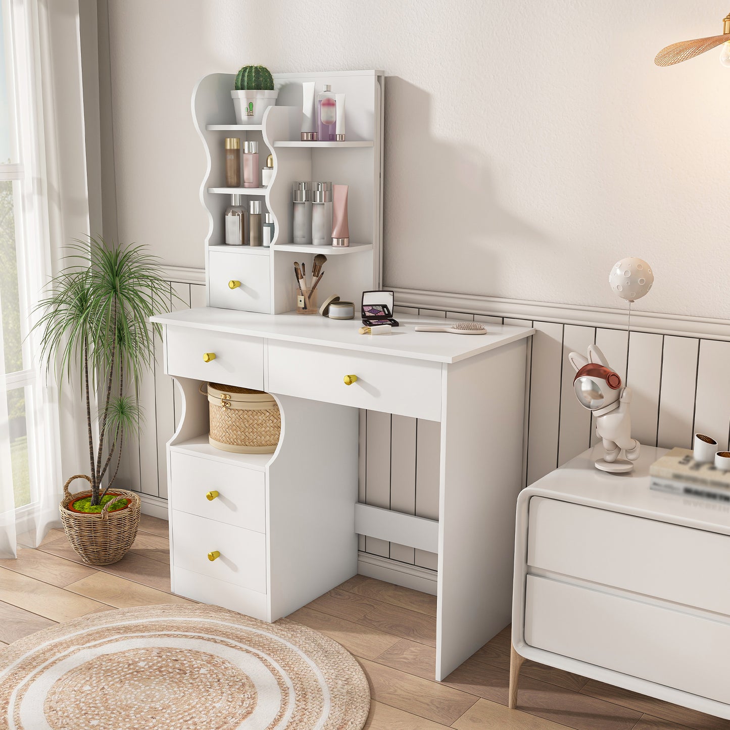 SESSLIFE Vanity Desk with 3 Color Lights and Mirror, 5-Drawer Makeup Dressing Table with Storage, LED Lighted Vanity Table , Makeup Vanity with Drawers for Bedroom, White