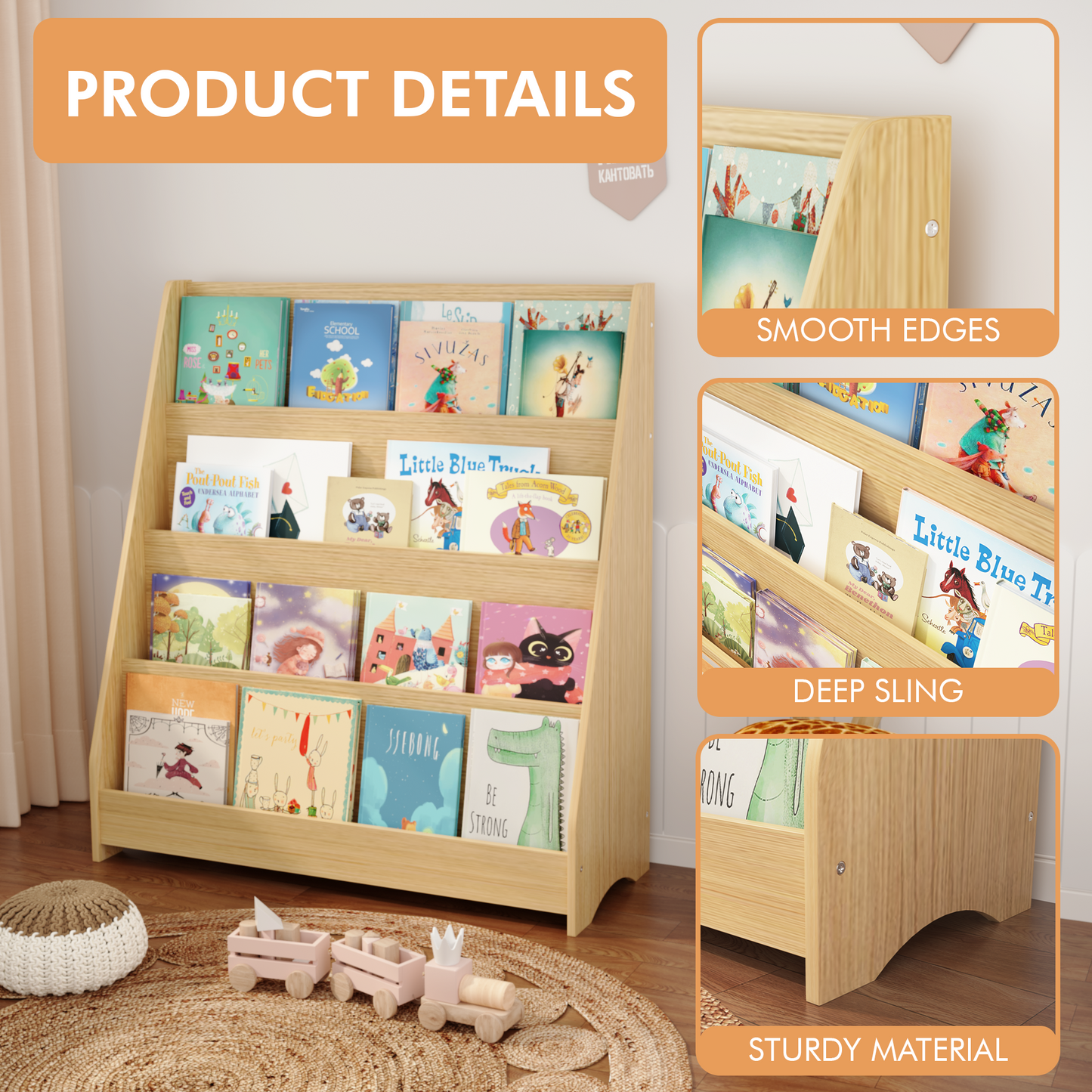 4-Tier Book Display Bookshelf, Open Front Book Storage Organizer for Bedroom Playroom Nursery Classroom, Natural