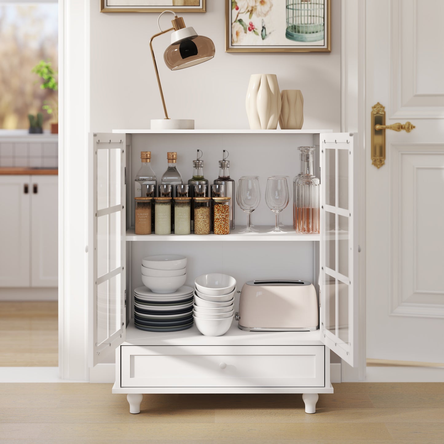 SESSLIIFE Compact Buffet Cabinet for Small Space, 31.5" White Sideboard with Glass Doors and Drawer, Storage Cabinet for Entryway, Hallway or Bedroom, White