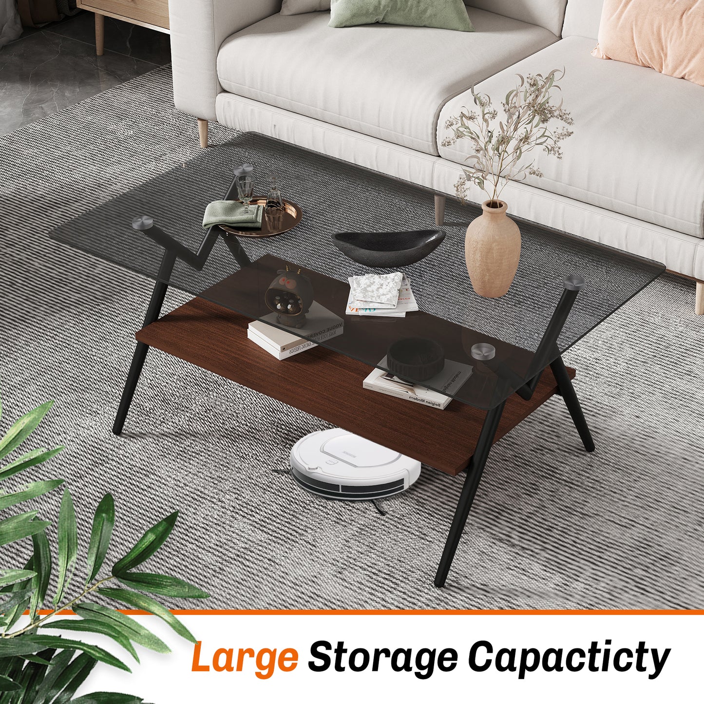 SESSLIFE Modern Coffee Table for Living Room with Tempered Glass Top, Rectangle Side Table with Brown Storage Shelf, Sturdy Metal Legs, Gray Glass Design, Easy Assembly, 38.6"