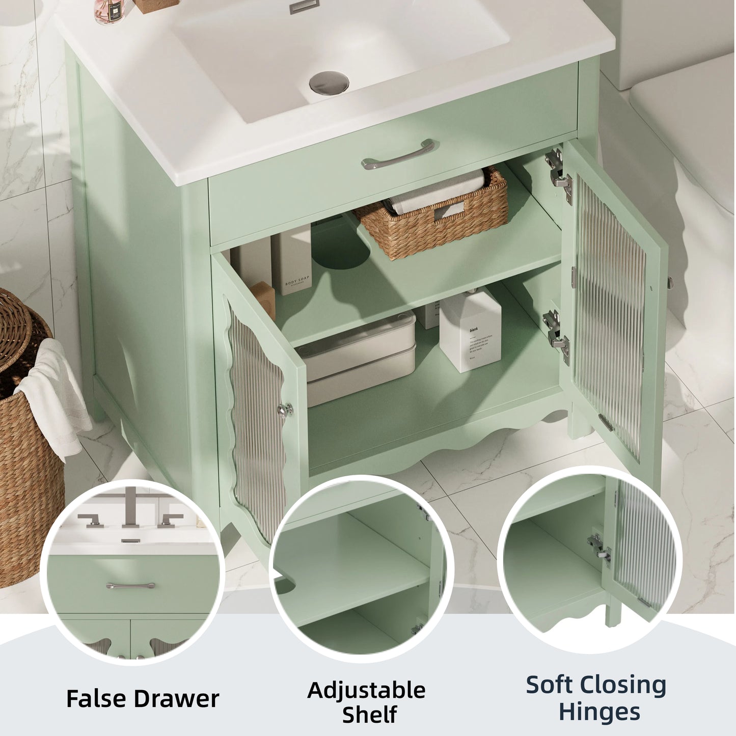 SESSLIFE 30 Inch Bathroom Vanity with Sink, Green Bathroom Cabinet with Vertical Striped Tempered Glass Doors, Soft Close Doors, Rubber Wood Legs, Single Sink Vanity