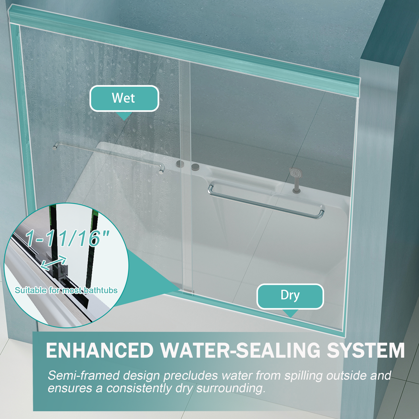 SESSLIFE Sliding Shower Door, Modern Semi-Frameless Style with Explosion-Proof Film and Anti-Leak Design, 56-60"W Adjustable Width with Certified Safety Glass, Brushed Nickel