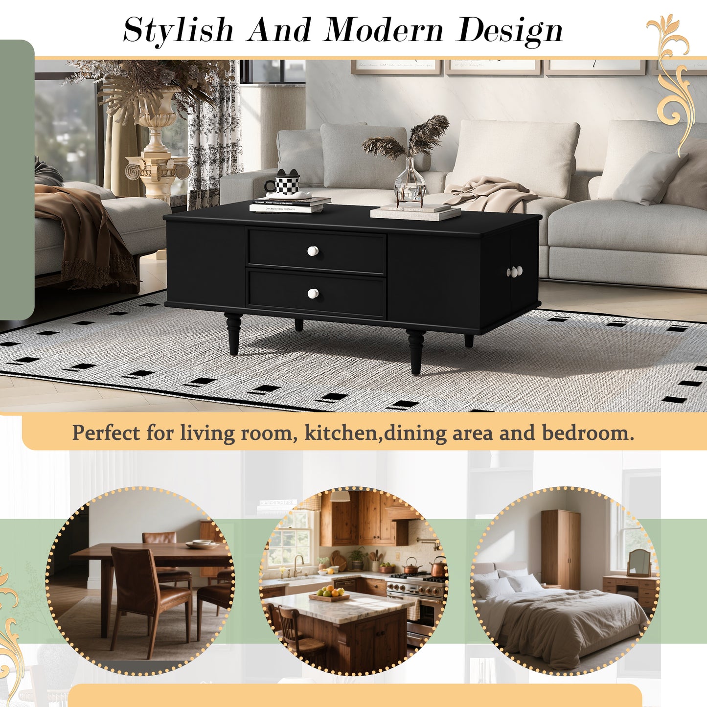 SESSLIFE Modern Coffee Table with 4 Drawers and Hidden Storage, Sturdy MDF Top with Solid Wood Legs, 47.2 Inch Large Rectangle Living Room Table in Black