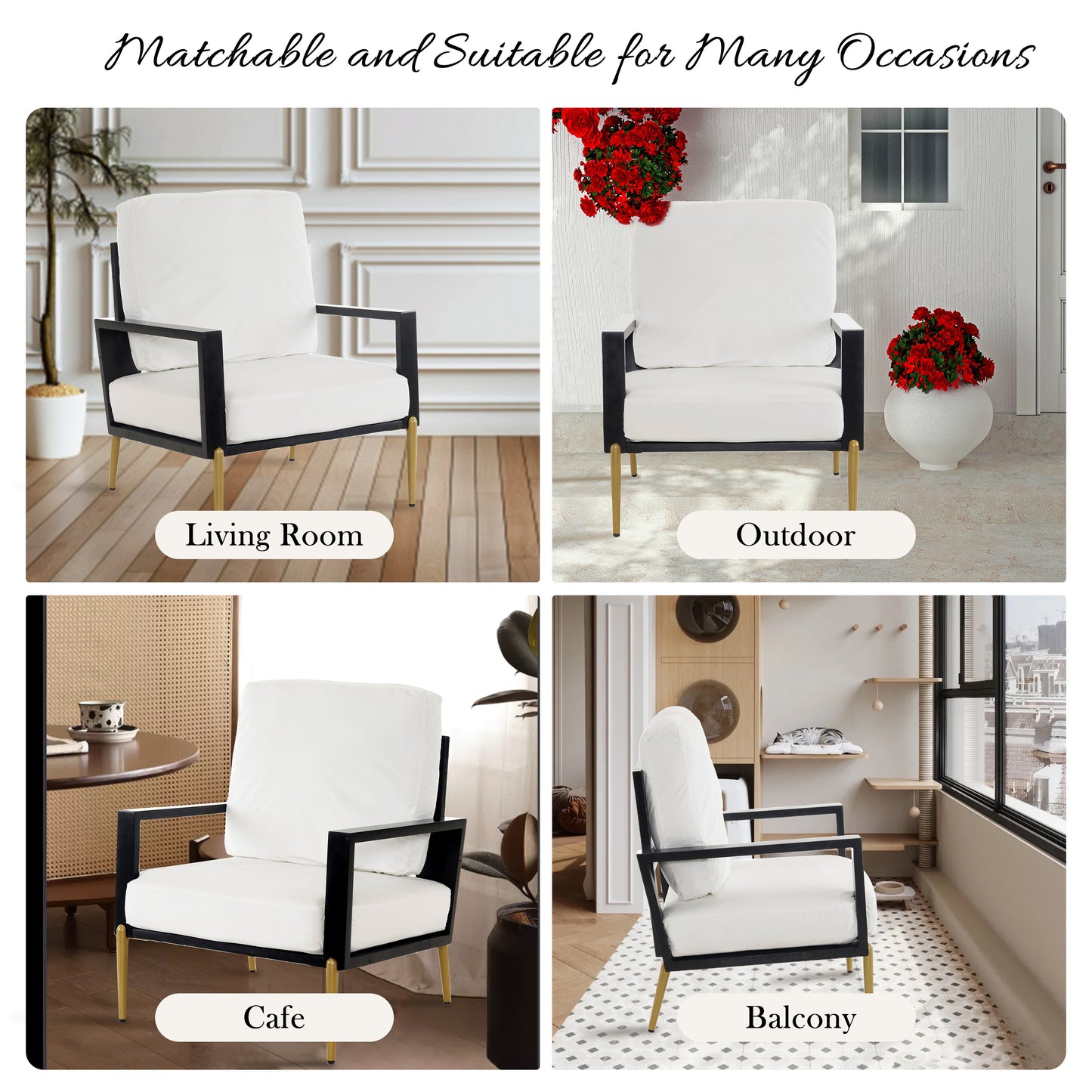 SESSLIFE Upholstered Velvet Accent Chair, Modern White Lounge Arm Chair with Solid Rubberwood Frame and Gold Metal Legs, Reading Chair for Living Room, Bedroom, Balcony