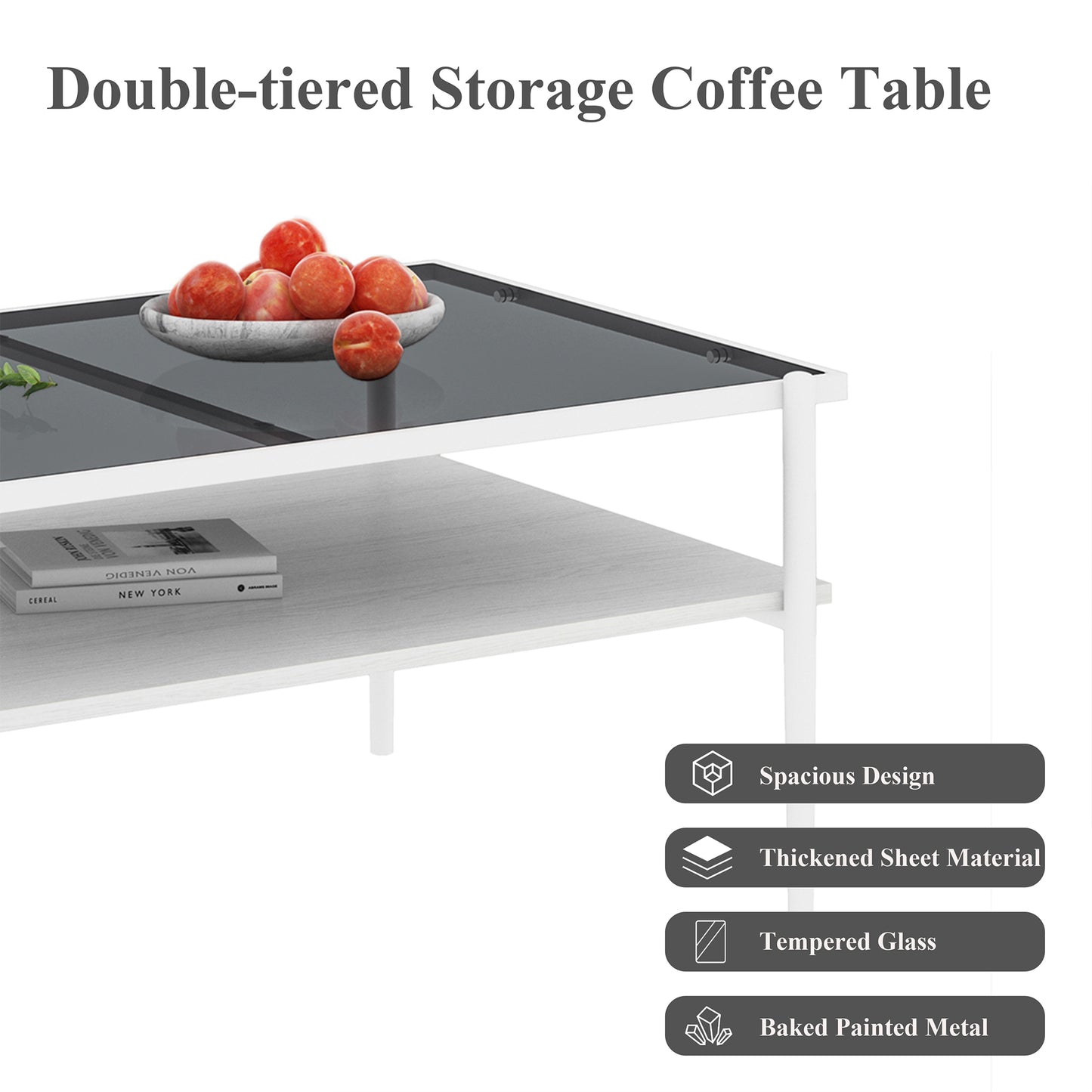 SESSLIFE Modern Rectangle Coffee Table with Glass Table Top, Easy to Clean Tempered Surface Ideal for Small Space, Stylish Yet Functional Living Room Accent, White