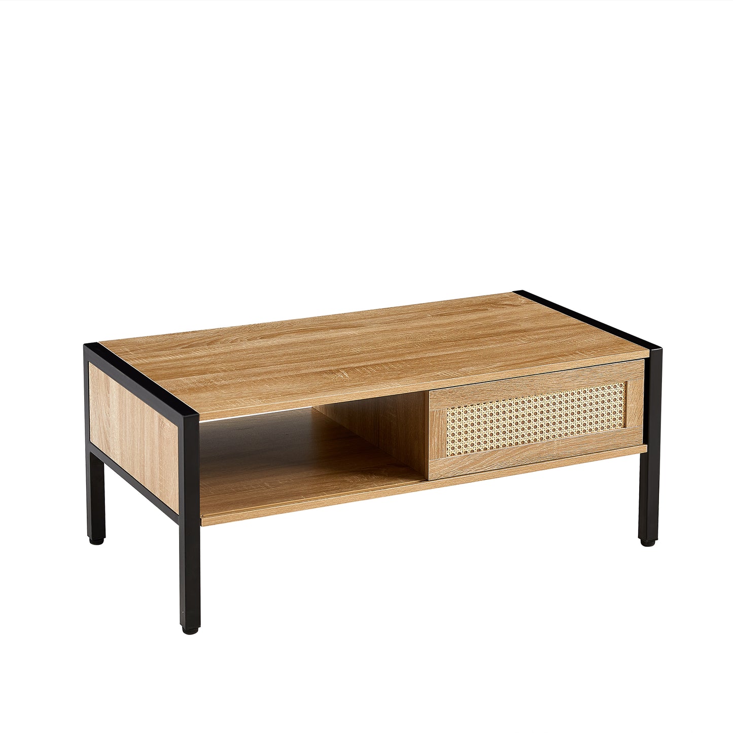 SESSLIFE 40” Modern Rattan Coffee Table with Sliding Door Storage, Natural Woven Side Table, Metal Legs for Living Room, Easy Assembly, Natural