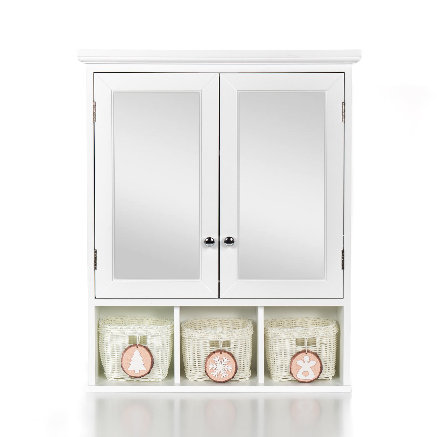 SESSLIFE Bathroom Storage Cabinet with Mirror, Tall Cabinet with Doors and Adjustable Shelves, Wall Mounted Medicine Cabinet with 3 Christmas Baskets, White