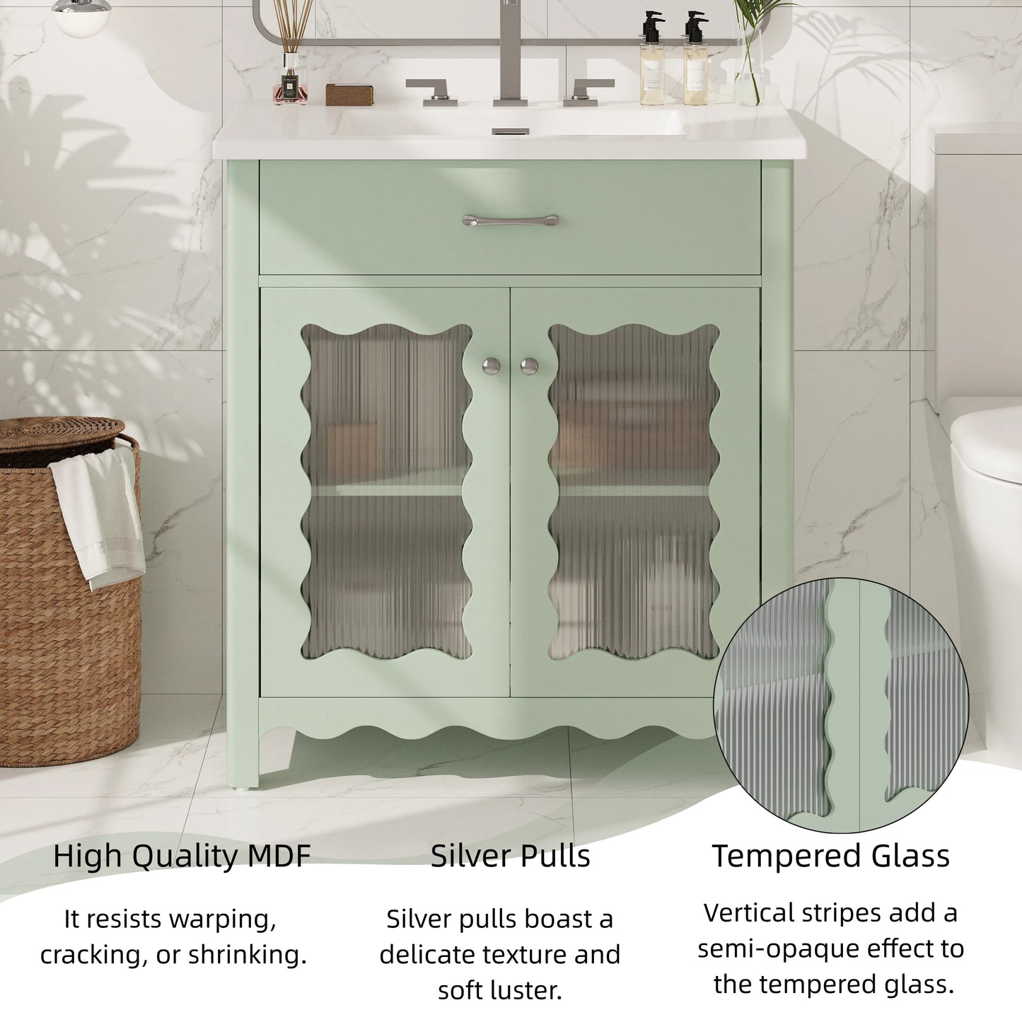 SESSLIFE 30 Inch Bathroom Vanity with Sink, Green Bathroom Cabinet with Vertical Striped Tempered Glass Doors, Soft Close Doors, Rubber Wood Legs, Single Sink Vanity