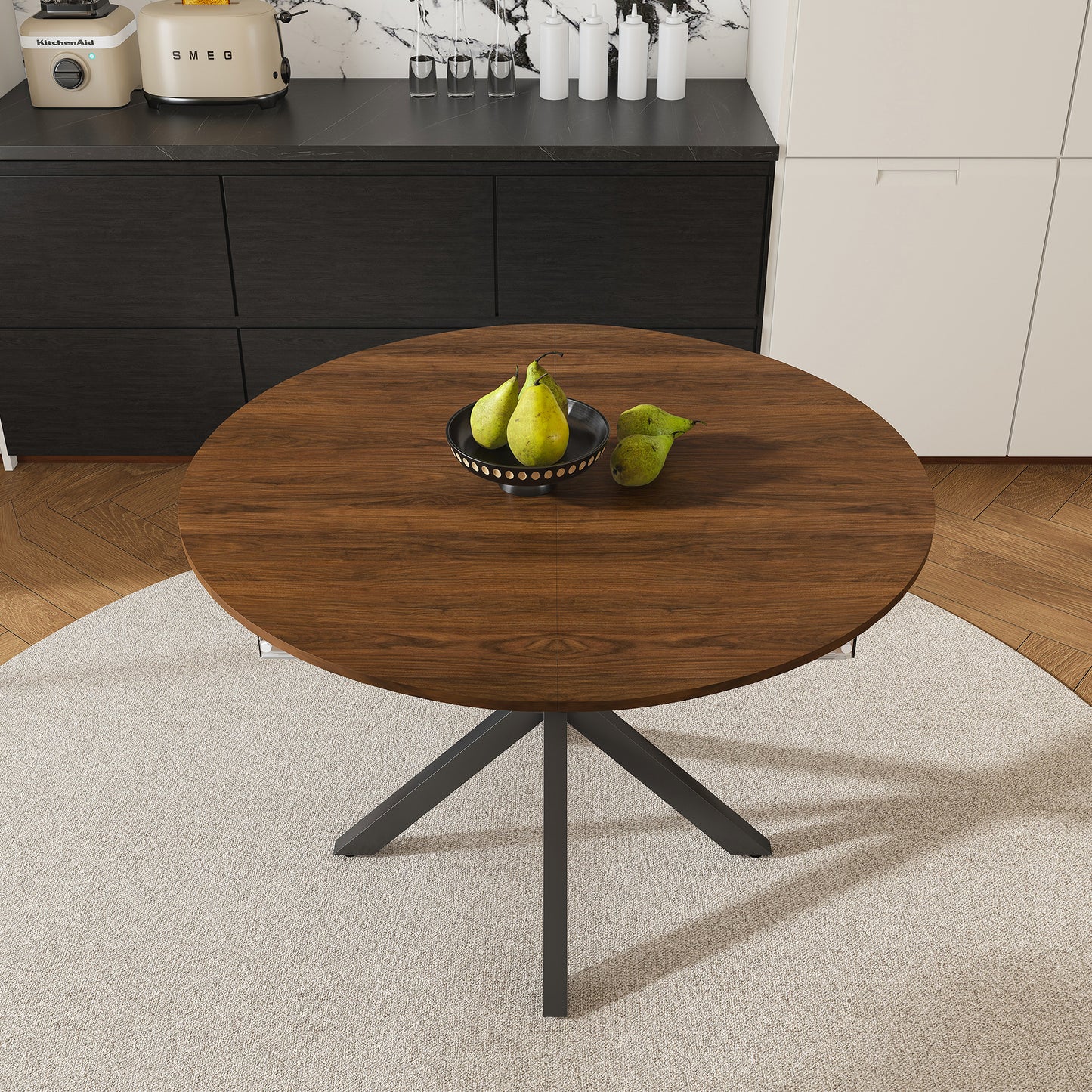 SESSLIFE 58" Extendable Round Dining Table for 6 People, Retractable Expandable Kitchen Table with Iron Base, Modern and Simple Solid Wood Veneer Dining Room Table for Small Space, Walnut