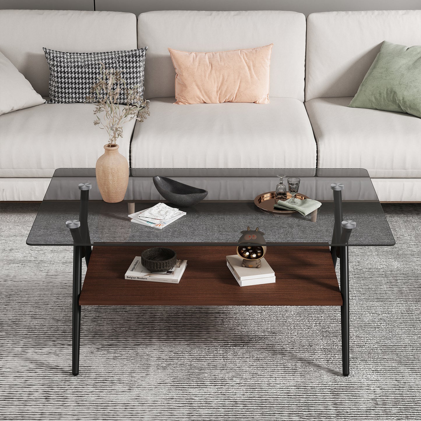 SESSLIFE Modern Coffee Table for Living Room with Tempered Glass Top, Rectangle Side Table with Brown Storage Shelf, Sturdy Metal Legs, Gray Glass Design, Easy Assembly, 38.6"