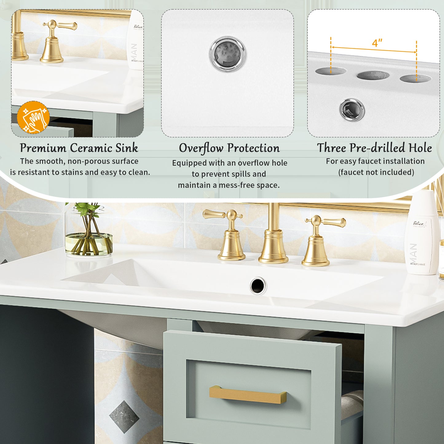 SESSLIFE 30" Bathroom Vanity with Sink, Modern Freestanding Bathroom Cabinet with Ceramic Sink, Soft Close Door and 3 Drawers, Solid Wood Frame, Sage Green