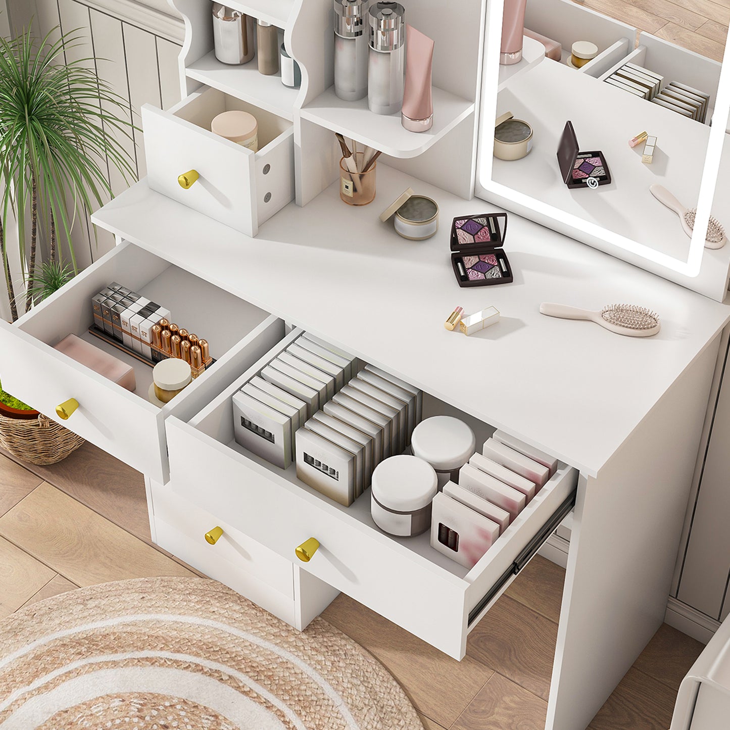 SESSLIFE Vanity Desk with 3 Color Lights and Mirror, 5-Drawer Makeup Dressing Table with Storage, LED Lighted Vanity Table , Makeup Vanity with Drawers for Bedroom, White