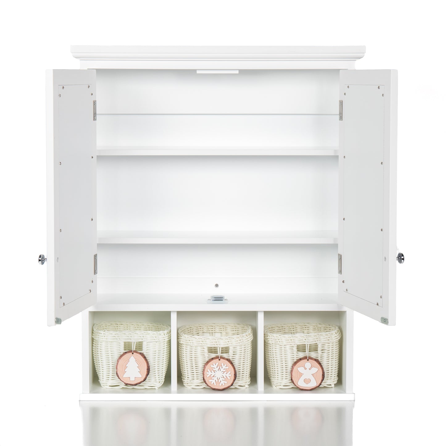 SESSLIFE Bathroom Storage Cabinet with Mirror, Tall Cabinet with Doors and Adjustable Shelves, Wall Mounted Medicine Cabinet with 3 Christmas Baskets, White