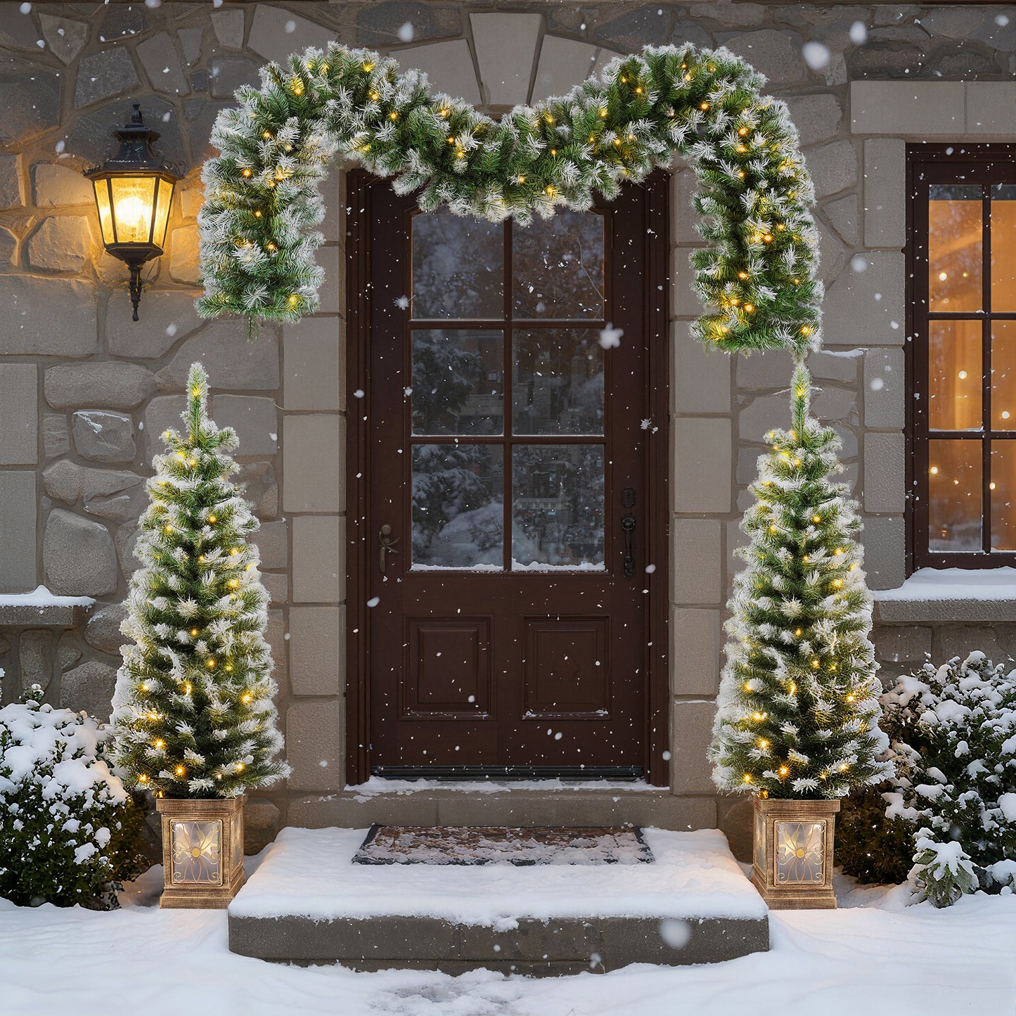 3-Piece Pre-Lit Christmas Wreath Set, SESSLIFE Artificial Norfolk-Style Wreath and Entrance Trees for Holiday Home Decor, Easy Assembly, White-Green