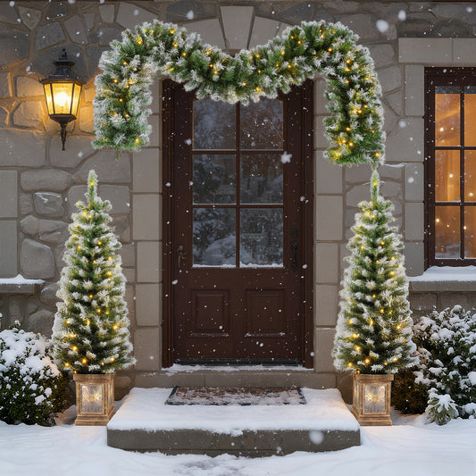 3-Piece Pre-Lit Christmas Wreath Set, SESSLIFE Artificial Norfolk-Style Wreath and Entrance Trees for Holiday Home Decor, Easy Assembly, White-Green