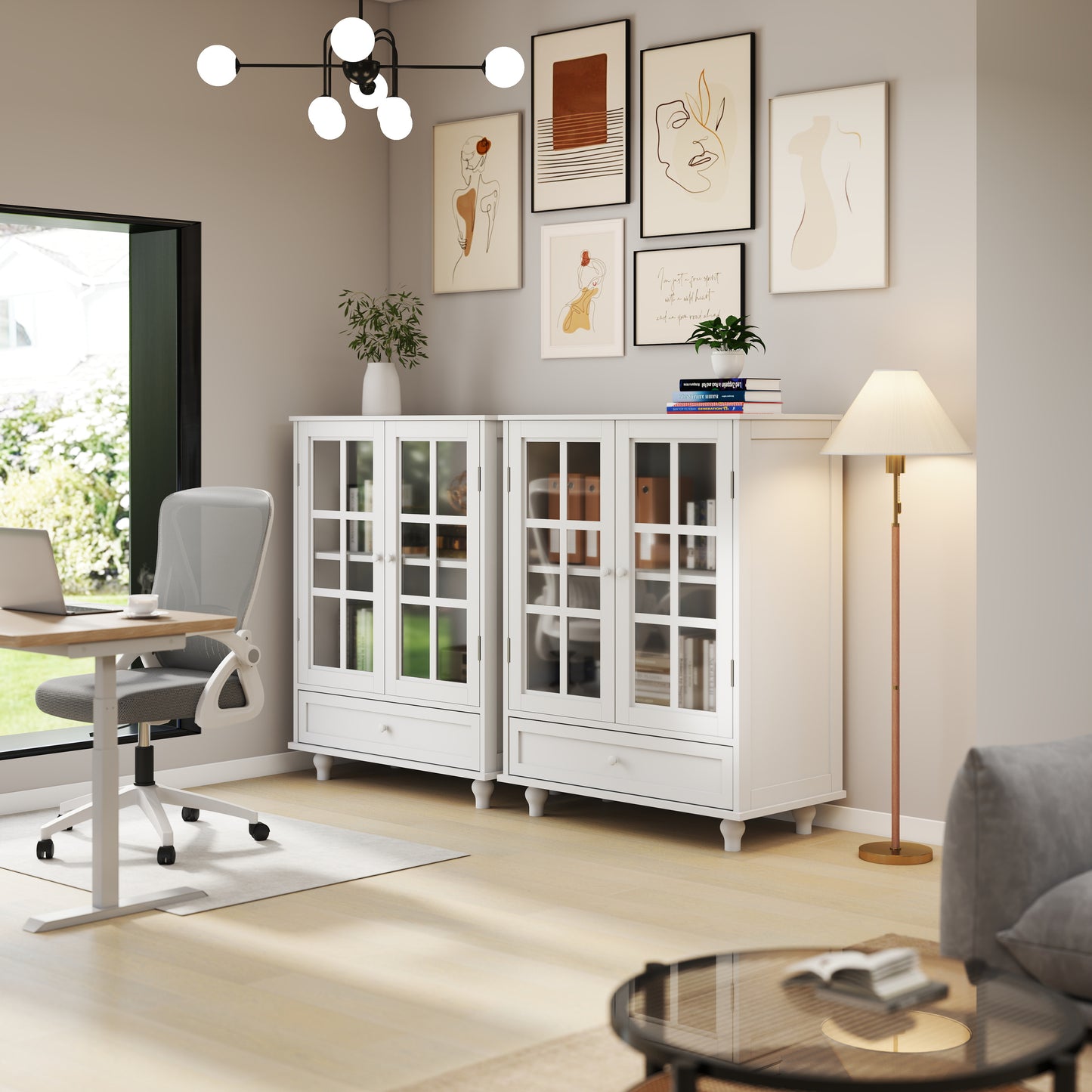 SESSLIIFE Compact Buffet Cabinet for Small Space, 31.5" White Sideboard with Glass Doors and Drawer, Storage Cabinet for Entryway, Hallway or Bedroom, White