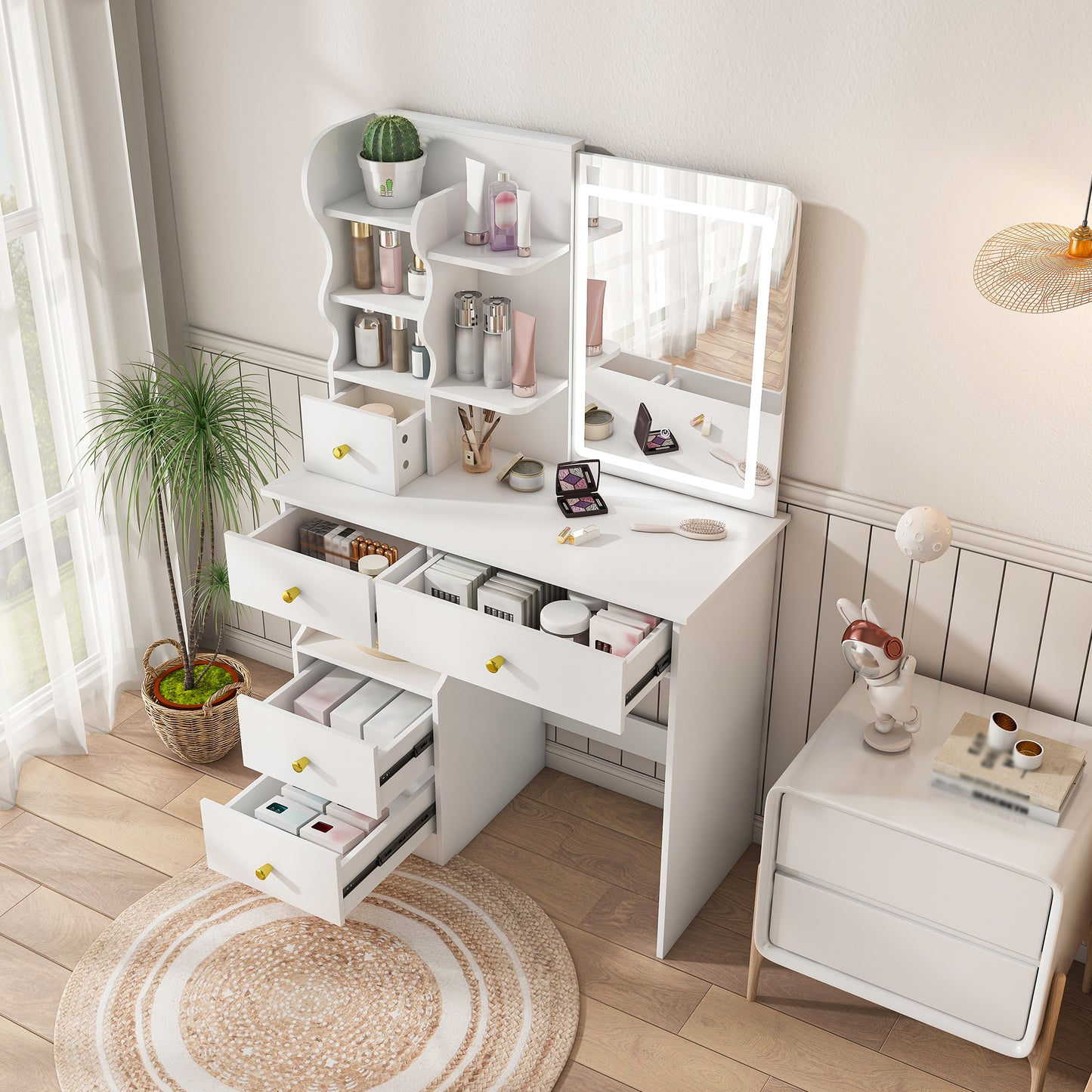 SESSLIFE Vanity Desk with 3 Color Lights and Mirror, 5-Drawer Makeup Dressing Table with Storage, LED Lighted Vanity Table , Makeup Vanity with Drawers for Bedroom, White