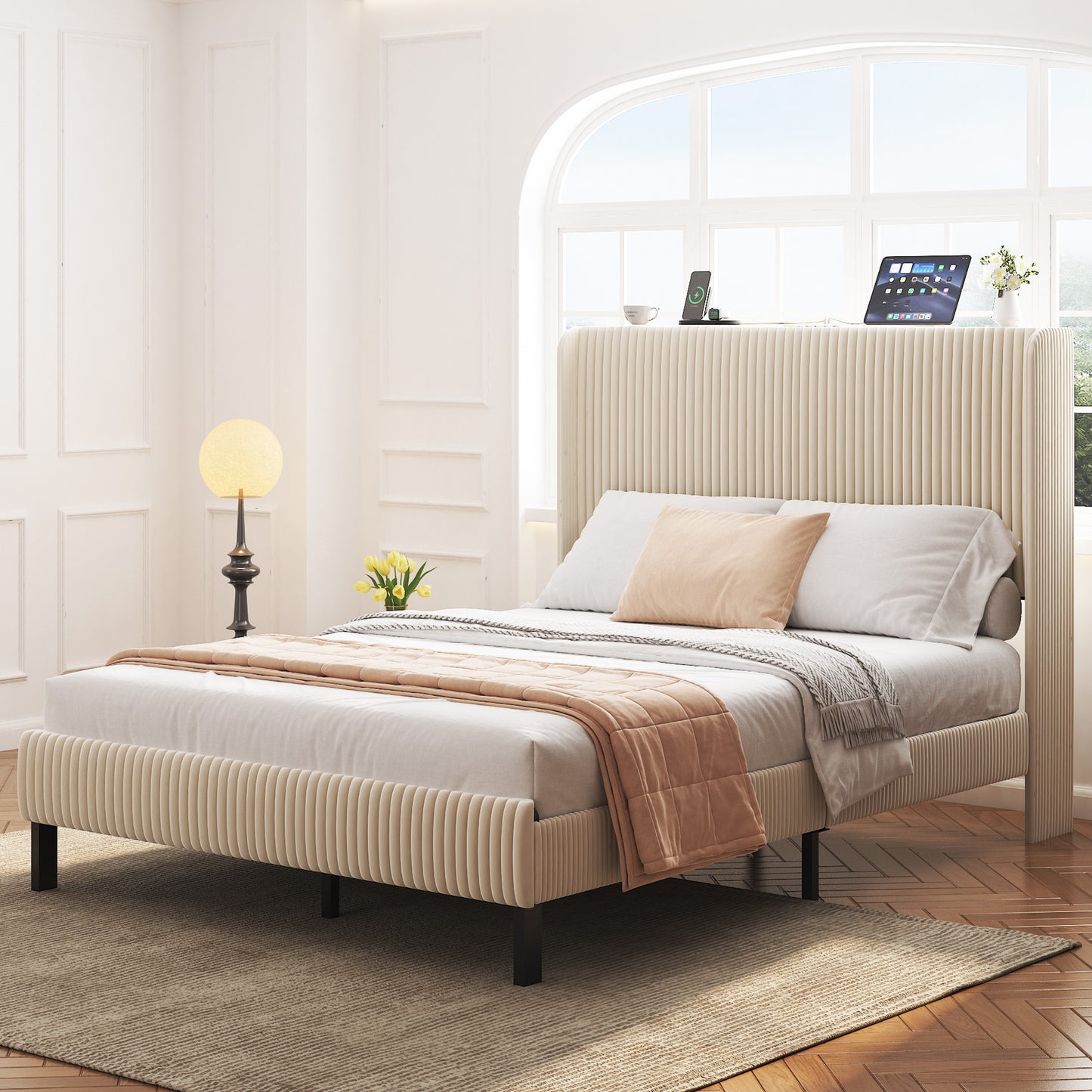 SESSLIFE Queen Platform Bed Frame with Charging Station, Beige Upholstered Bed Frame with Top Shelf Headboard, Metal Slats Hold up to 800lbs, Noise-Free, No Box Spring Needed, Easy Assembly