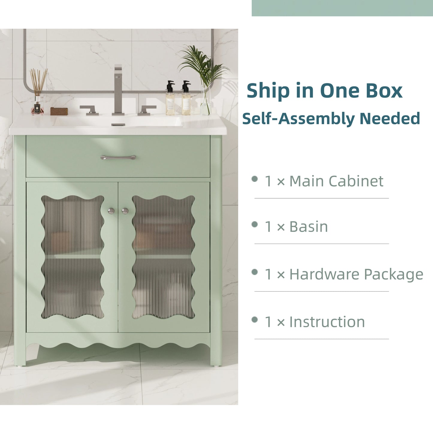 SESSLIFE 30 Inch Bathroom Vanity with Sink, Green Bathroom Cabinet with Vertical Striped Tempered Glass Doors, Soft Close Doors, Rubber Wood Legs, Single Sink Vanity