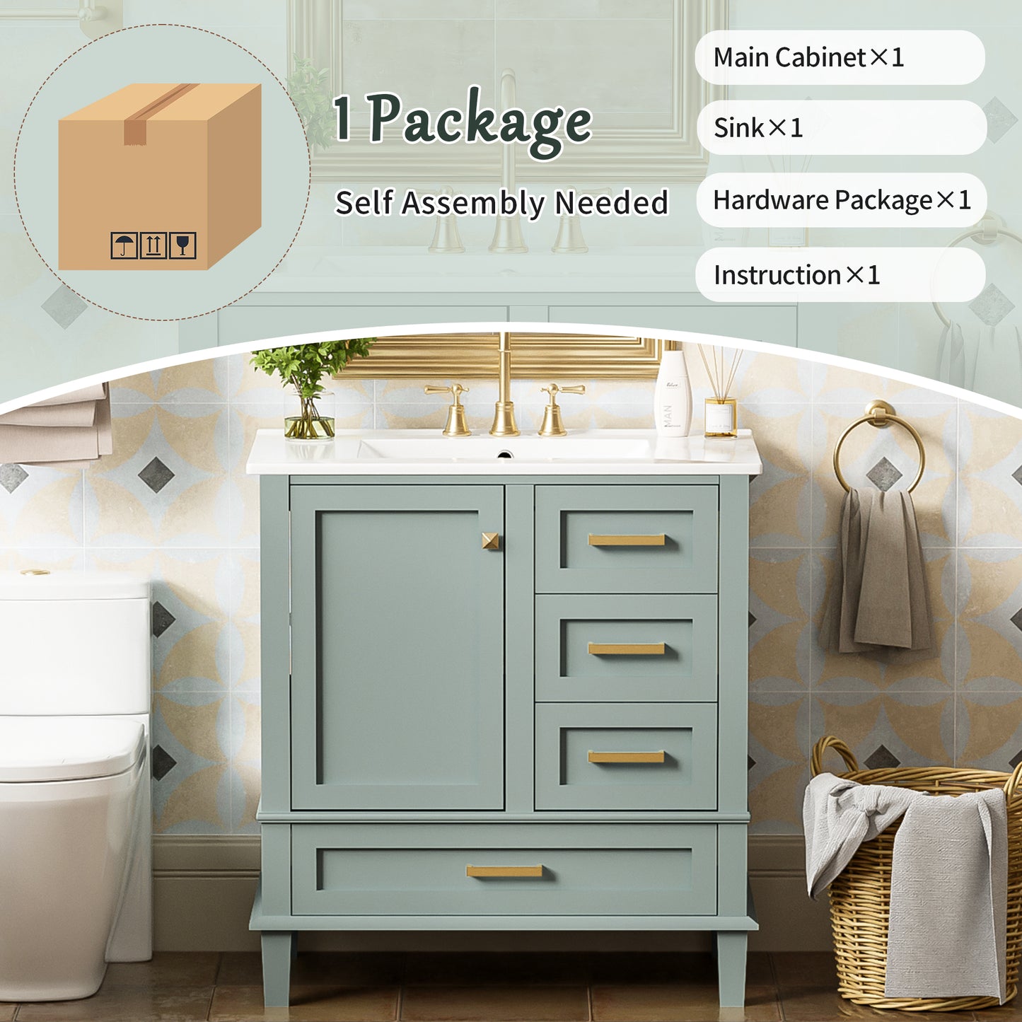 SESSLIFE 30" Bathroom Vanity with Sink, Modern Freestanding Bathroom Cabinet with Ceramic Sink, Soft Close Door and 3 Drawers, Solid Wood Frame, Sage Green