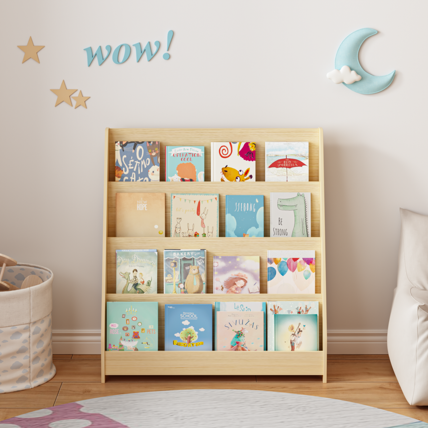 4-Tier Book Display Bookshelf, Open Front Book Storage Organizer for Bedroom Playroom Nursery Classroom, Natural