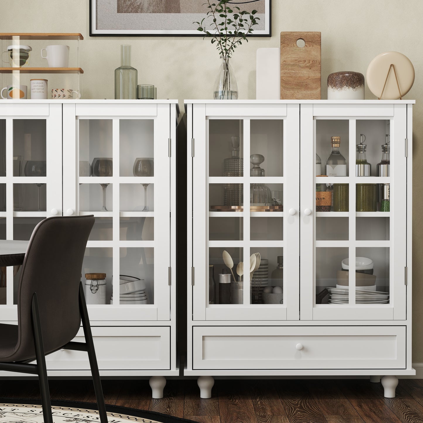 SESSLIIFE Compact Buffet Cabinet for Small Space, 31.5" White Sideboard with Glass Doors and Drawer, Storage Cabinet for Entryway, Hallway or Bedroom, White