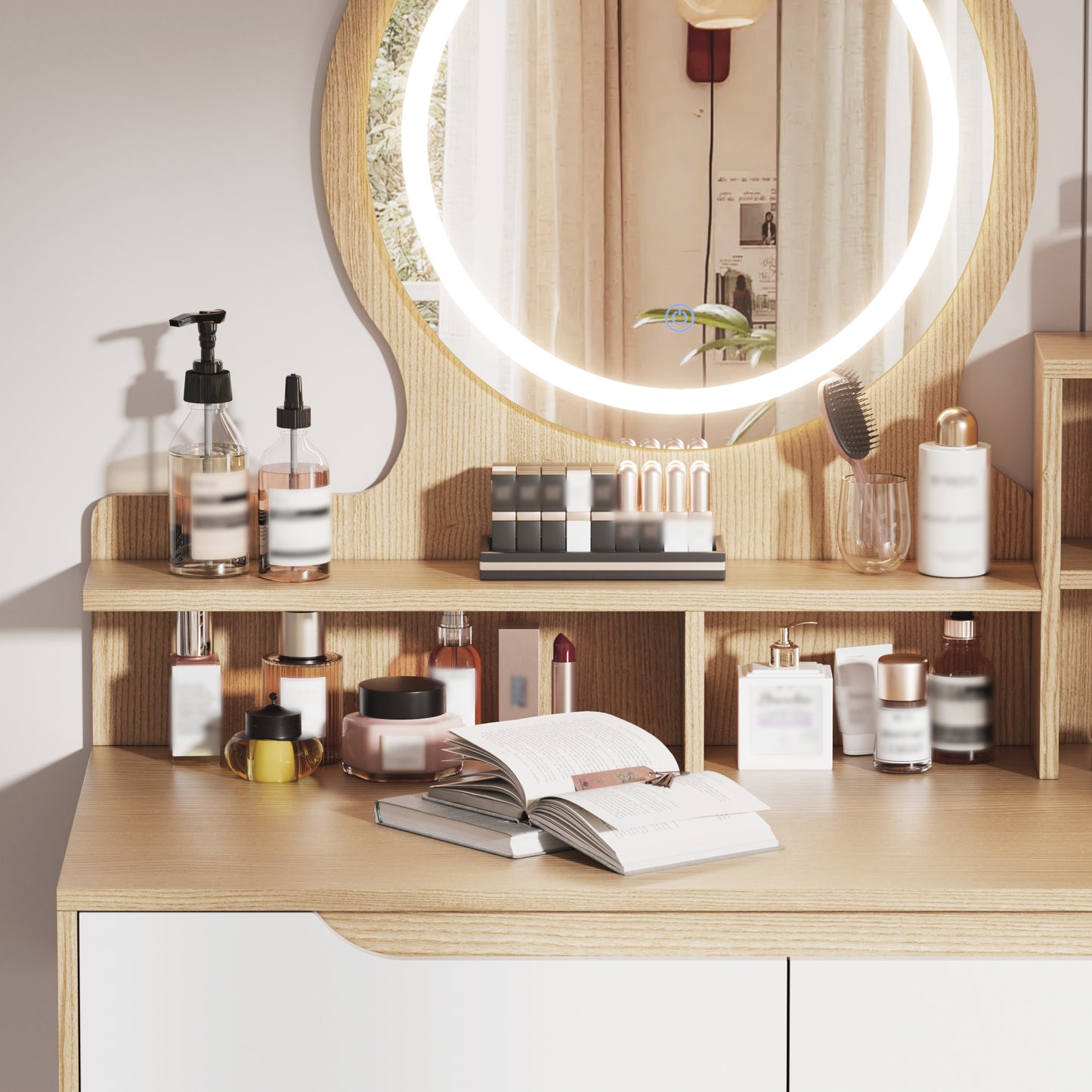 SESSLIFE Makeup Vanity Desk with Mirror and Lights, Lighted Vanity Table with 4 Drawers and 3 Shelves, Small Vanity Desk with Storage for Bedroom, Adjustable LED Mirror, White Oak