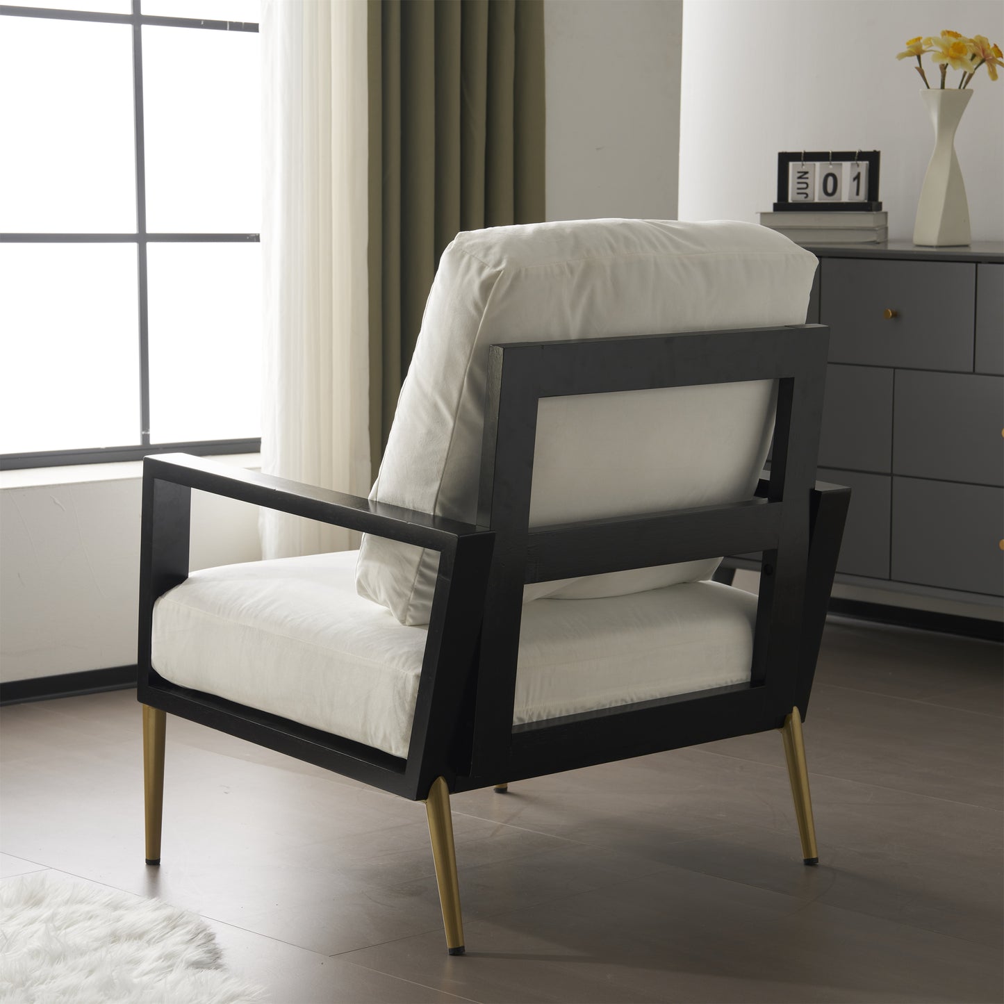 SESSLIFE Upholstered Velvet Accent Chair, Modern White Lounge Arm Chair with Solid Rubberwood Frame and Gold Metal Legs, Reading Chair for Living Room, Bedroom, Balcony