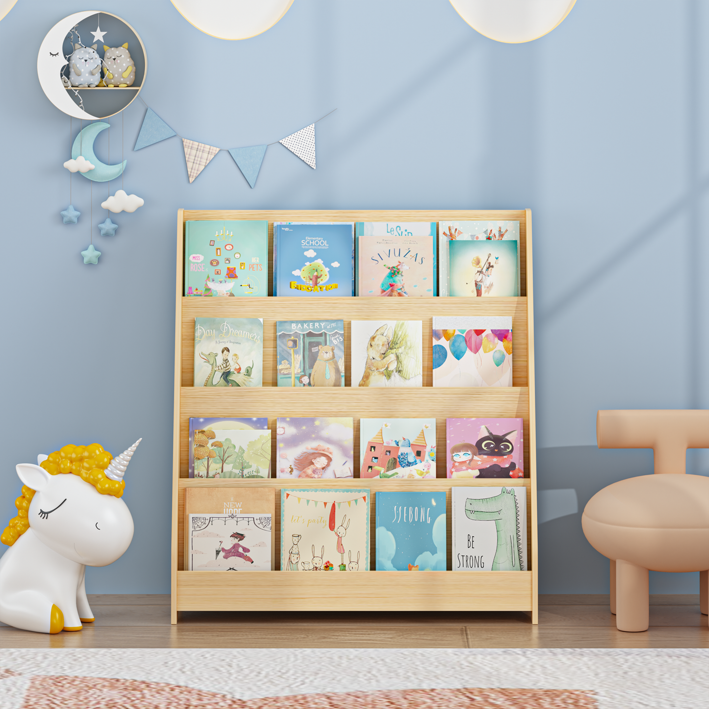 4-Tier Book Display Bookshelf, Open Front Book Storage Organizer for Bedroom Playroom Nursery Classroom, Natural